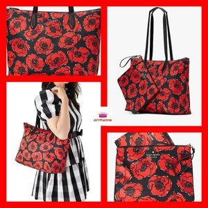 Kate Spade Black Red Poppy Floral Mel Packable Tote Bag w/Pink Shopping Bag Set